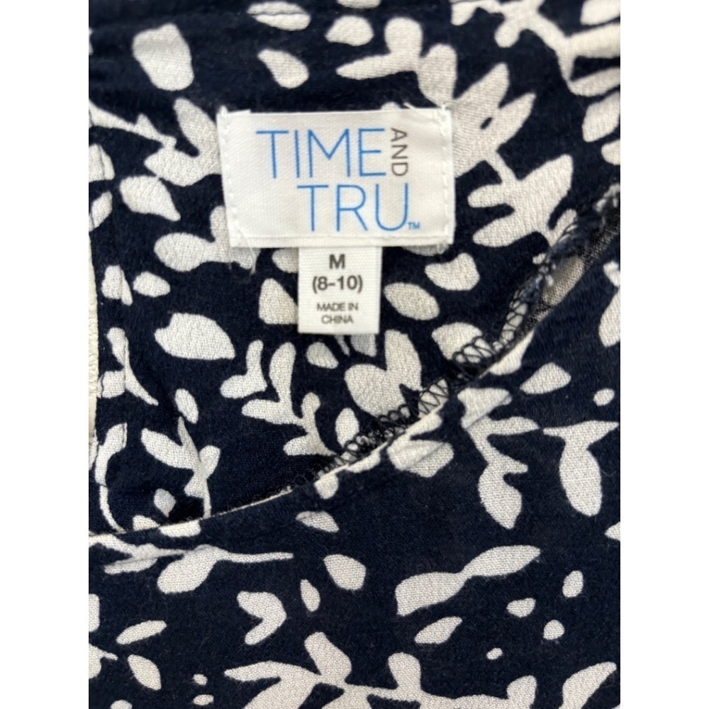 Time and Tru Size Medium Navy Blue Floral Long Sleeve Boho Ruffle Hem Blouse - Picture 4 of 4